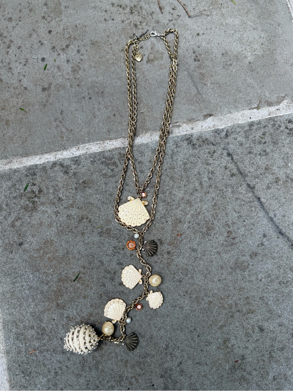 Betsey Johnson Gold-Tone Layered Shell Charm Necklace with Cream & Pearl Accents